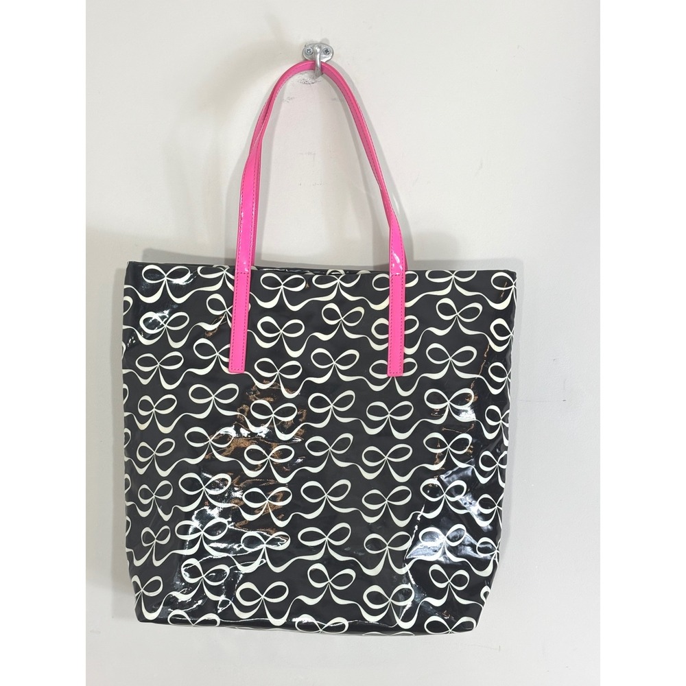 Kate Spade Bon Shopper Tote Bag Black White Bow Print Pink Handles WKRU3238
